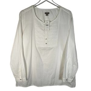 NEW! J. Jill Women's Pintuck Bib Long Sleeve Henley Top L White 100% Cotton $69